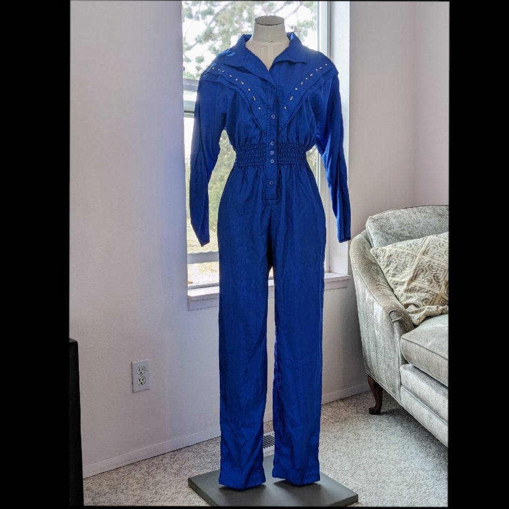 Vintage 1980s Joan Walters High Waisted Jumpsuit - Blue / Purple w/ button front
